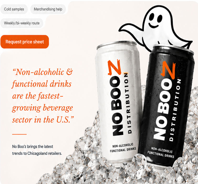 No Booz Distribution cans on ice with ghost mascot and functional beverage message
